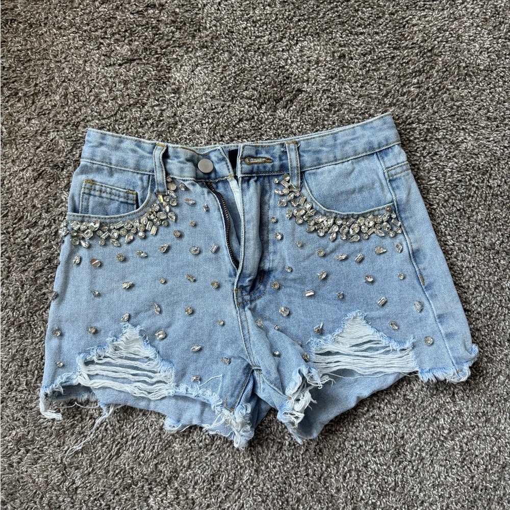 Buckle Light Blue Jean Shorts with Silver Accents